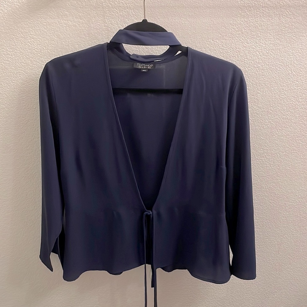 Topshop Navy Choker Wrap Tie Blouse - Picture 3 of 7